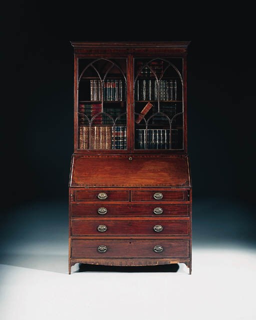 A George III mahogany and line inlaid bureau bookcase