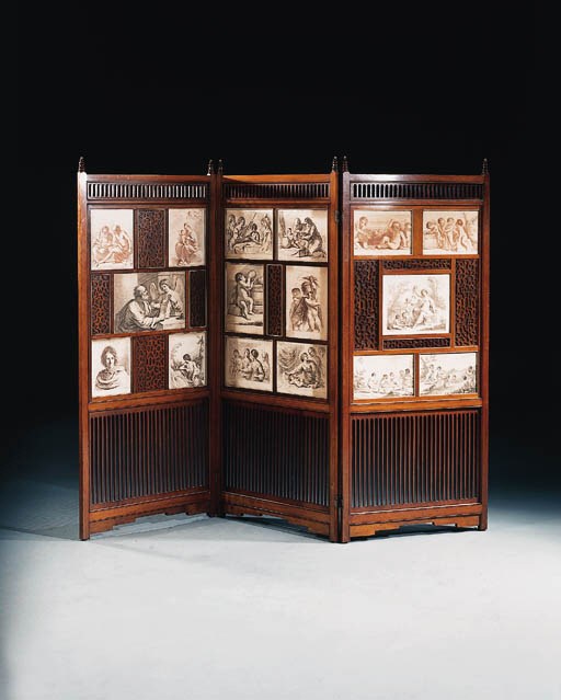 A late Victorian mahogany three-fold screen