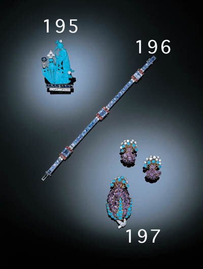 A CARVED TURQUOISE, DIAMOND, SAPPHIRE AND SIMULATED SAPPHIRE BROOCH, SEAMAN SCHEPPS