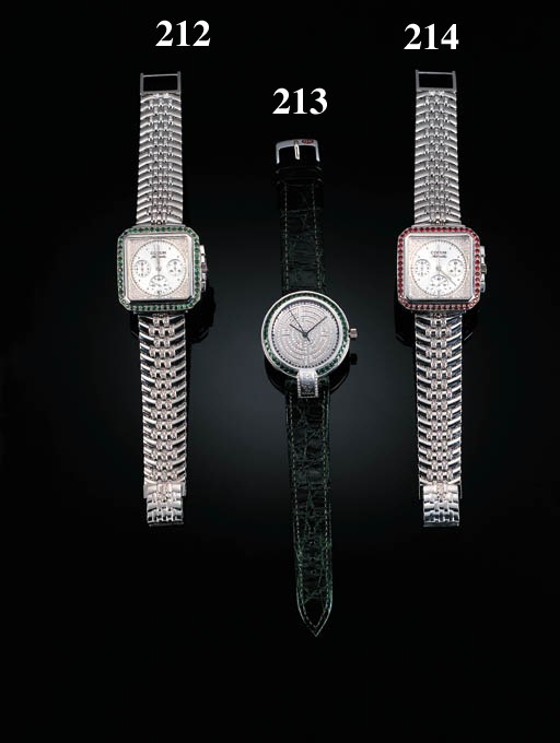 Corum.  A limited edition platinum diamond and emerald-set self-winding water resistant calendar chronograph wristwatch