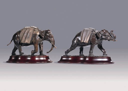 A Pair of Bronze Polo Elephants