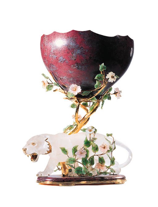 A Zoisite and Floral Vase and Tiger Stand