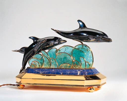 A Lapis Lazuli and Aquamarine Dolphin Lamp