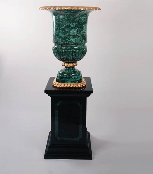 A Malachite Urn and Black Marble Base