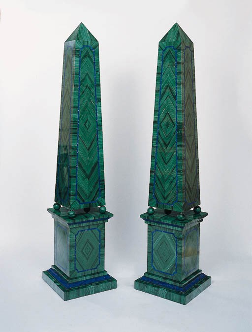 A Pair of Malachite and Lapis Lazuli Obelisks