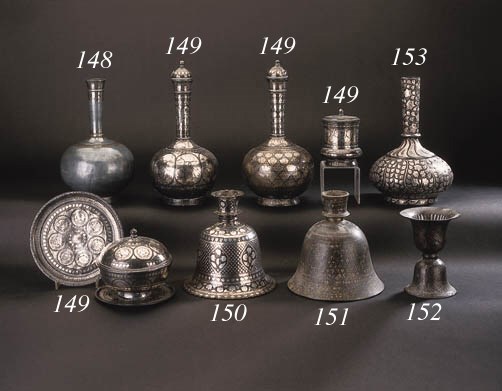 TWO SIMILAR BIDRIWARE BOTTLE VASES AND COVERS