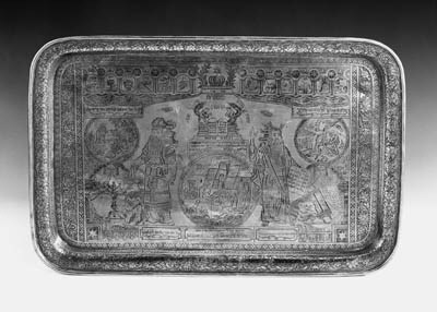 A MIDDLE-EASTERN BRASS RECTANGULAR TRAY