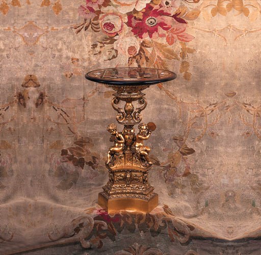An Italian micro-mosaic and specimen marble-inlaid games top, on ormolu base