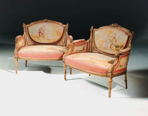 A pair of French giltwood and Aubusson canapes
