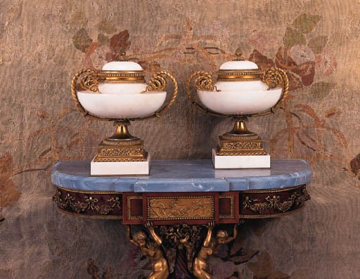 A pair of Napoleon III ormolu and cream marble urns