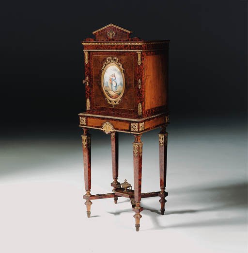 A Napoleon III ormolu-mounted thuya, walnut, tulipwood and porcelain-mounted cabinet-on-stand