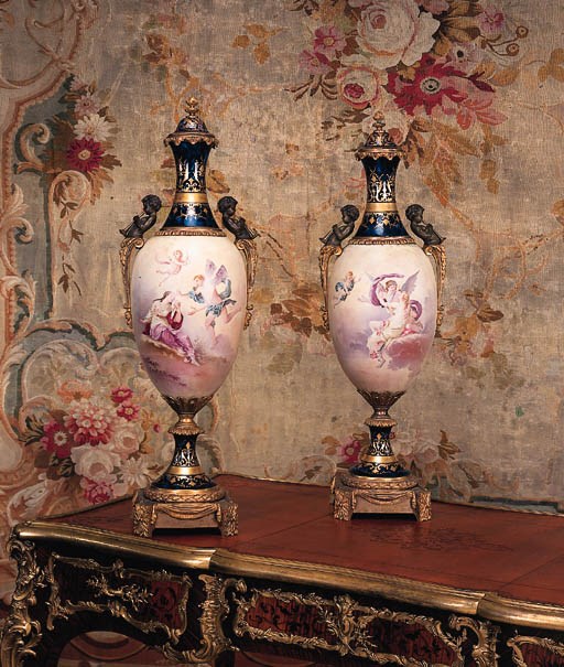 A pair of French ormolu and bronze-mounted Sevres-pattern vases