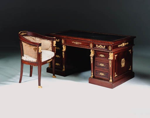 A French ormolu-mounted mahogany pedestal desk and tub chair en-suite