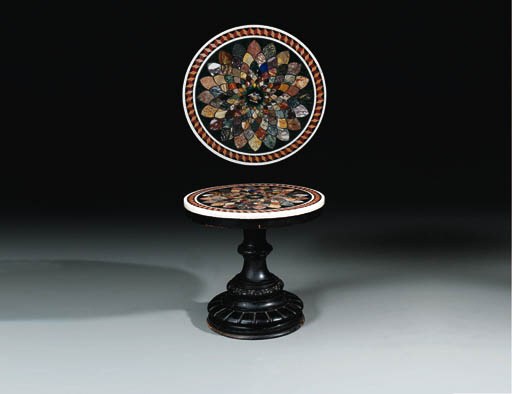 An English ebonised oak and specimen marble centre table