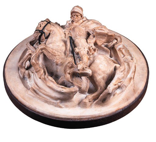 An English white marble and bronze relief depicting St George and the Dragon