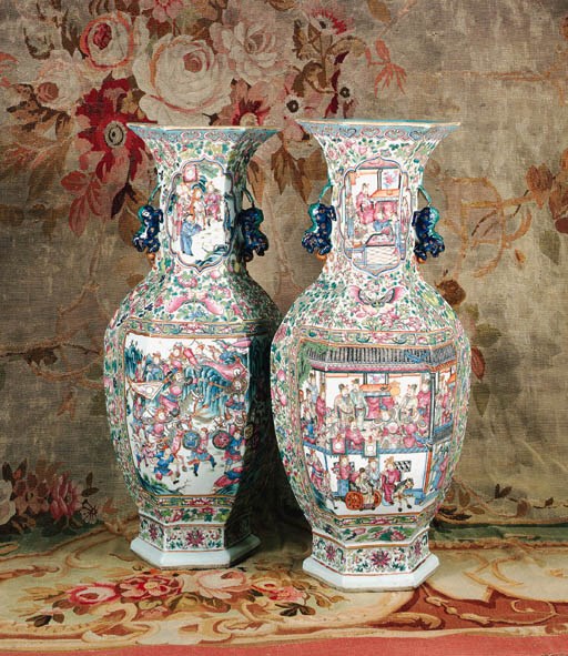 A pair of large Canton porcelain vases