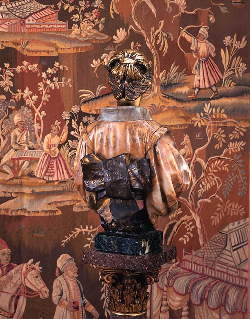 A French gilt and patinated bronze, onyx, marble and mother-of-pearl-inset bust, entitled 'Mousme japonaise'