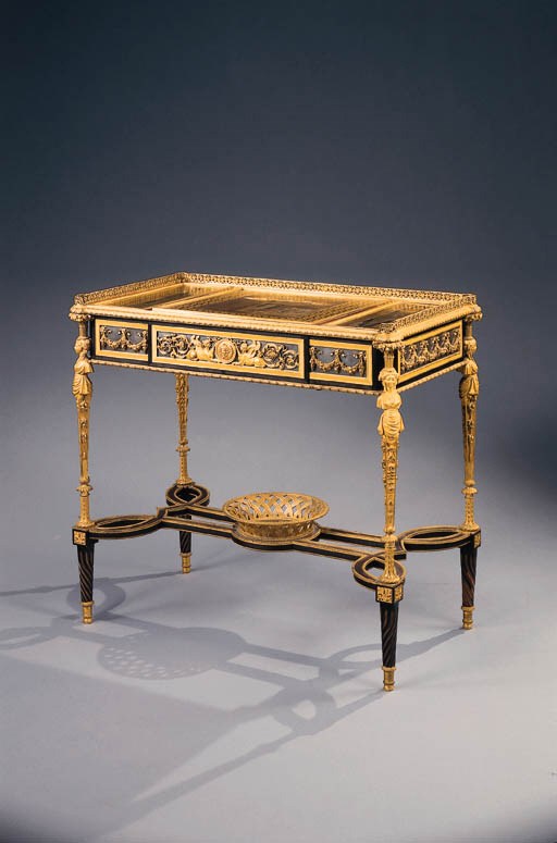 A fine French ormolu-mounted, Japanese lacquer, polished-steel, bois satine and ebonised table de dame