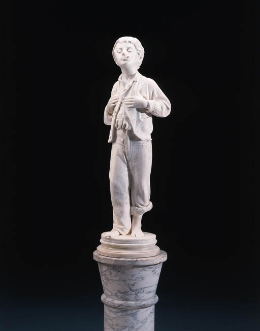 An Italian white marble figure of a street urchin, on pedestal