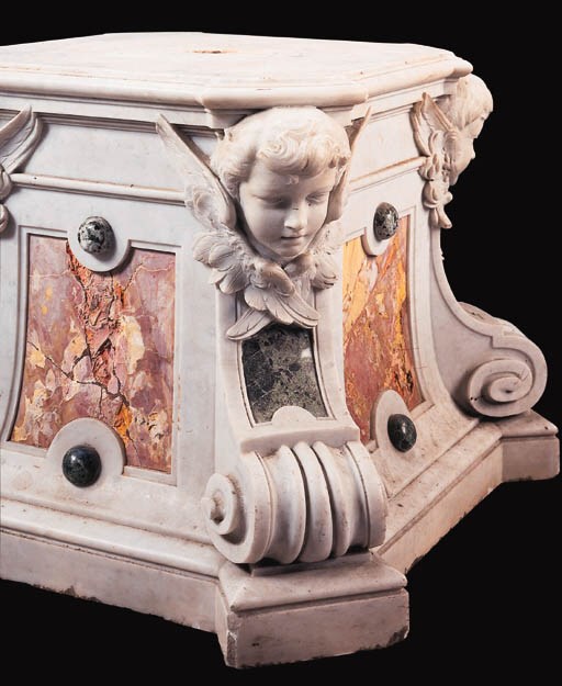 An Italian carved white marble, breccia and verde antico inset plinth