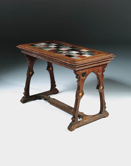 A French Gothic-style painted oak and marble inset table