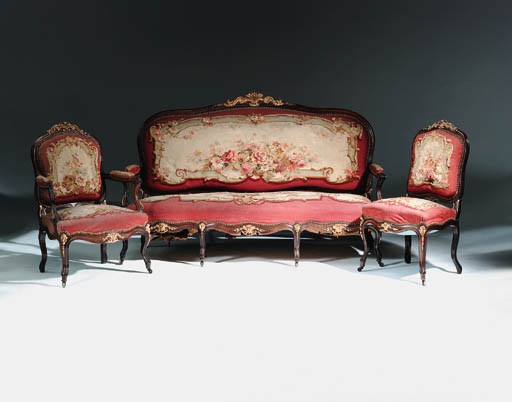 A French parcel-gilt, rosewood and Aubusson salon suite