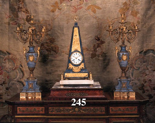 A Napoleon III ormolu-mounted, bardiglio and white marble pyramid-shaped mantel clock