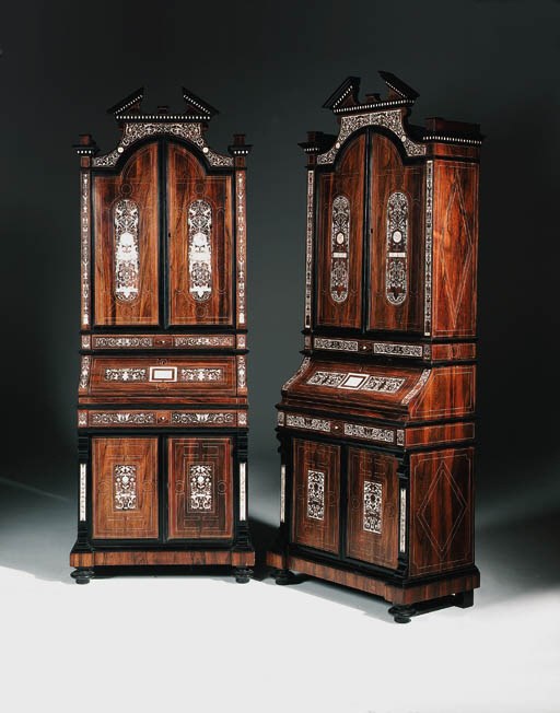 A pair of Italian ivory-inlaid, rosewood and ebonised bureau cabinets