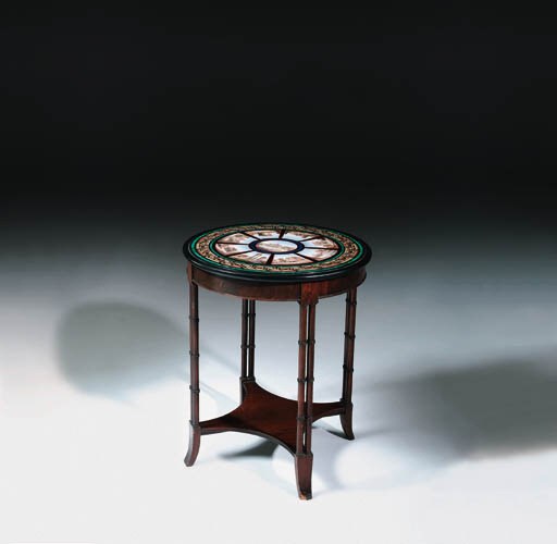 An Italian micro-mosaic, malachite and lapis lazuli-inlaid table top, on mahogany base