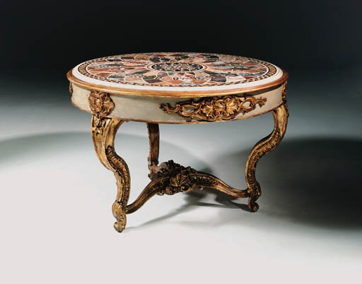 An Italian parcel-gilt, cream-painted and pietre dure centre table