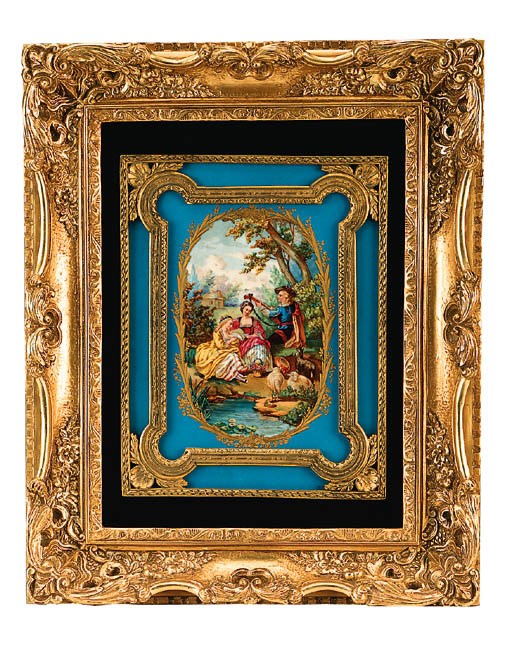 A Sevres-pattern turquoise-ground framed plaque