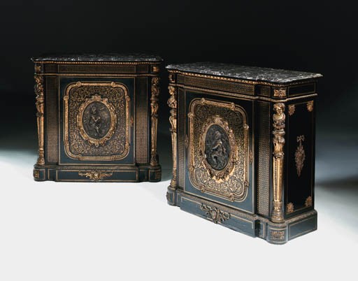 A pair of Napoleon III ormolu and bronze-mounted ebonised and cut brass-inlaid 'Boulle' side-cabinets