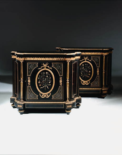 A pair of Napoleon III ormolu-mounted, 'Boulle', ebonised and pietre dure-mounted meubles d'appui