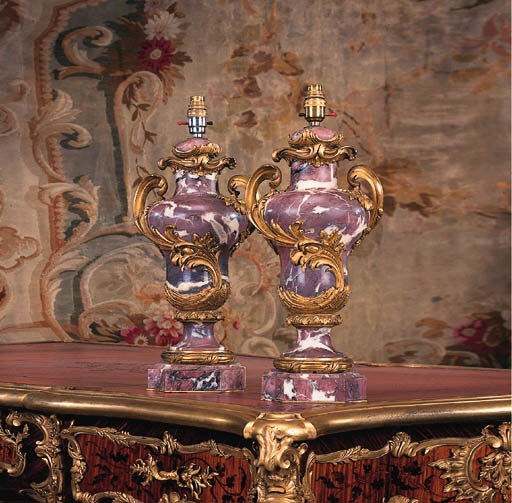 A pair of French ormolu-mounted breche violette marble vases, as lamps