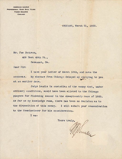 BAN JOHNSON LETTER TO JOE JACKSON