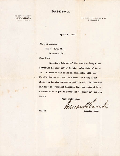 KENESAW M. LANDIS LETTER TO JOE JACKSON