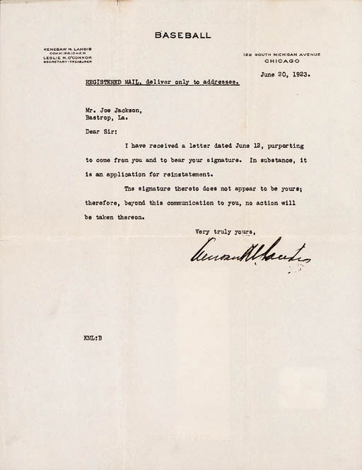 KENESAW M. LANDIS LETTER TO JOE JACKSON