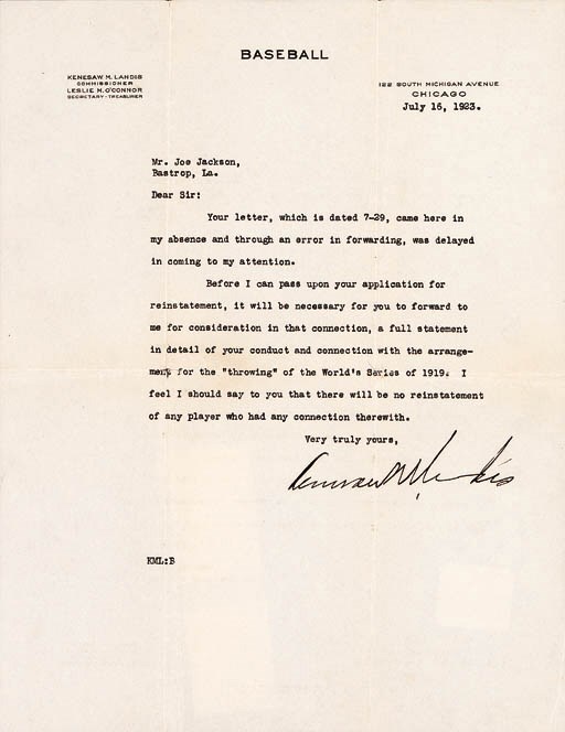 KENESAW M. LANDIS LETTER TO JOE JACKSON