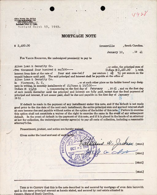 JOE JACKSON MORTGAGE NOTE