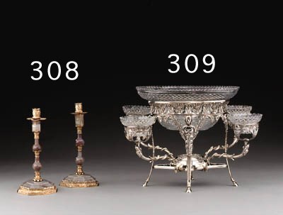 A PAIR OF GEORGE IV SILVER-GILT AND AGATE CANDLESTICKS