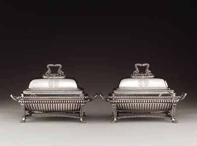 A PAIR OF GEORGE III SILVER ENTREE DISHES AND COVERS ON SHEFFIELD PLATED STANDS FROM THE BATTENBERG SERVICE