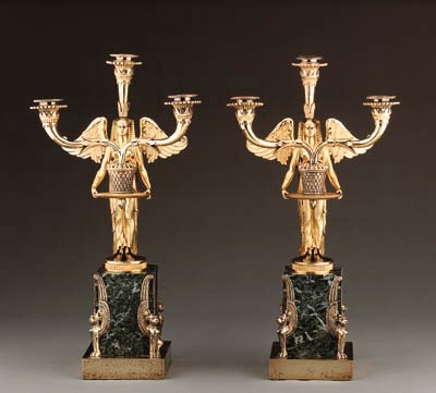 A PAIR OF GEORGE III/VICTORIAN SILVER-GILT AND MARBLE FIGURAL CANDELABRA