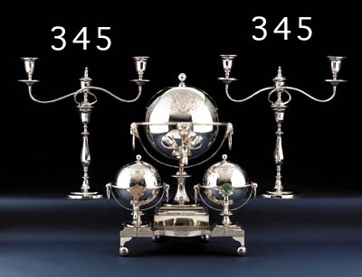 A PAIR OF GEORGE III SILVER CANDLESTICKS WITH SHEFFIELD-PLATED TWO-LIGHT BRANCHES