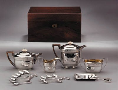 A GEORGE III SILVER FIVE-PIECE TEA AND COFFEE SERVICE**