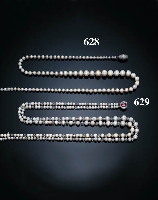 A TWO-STRAND PEARL AND DIAMOND NECKLACE