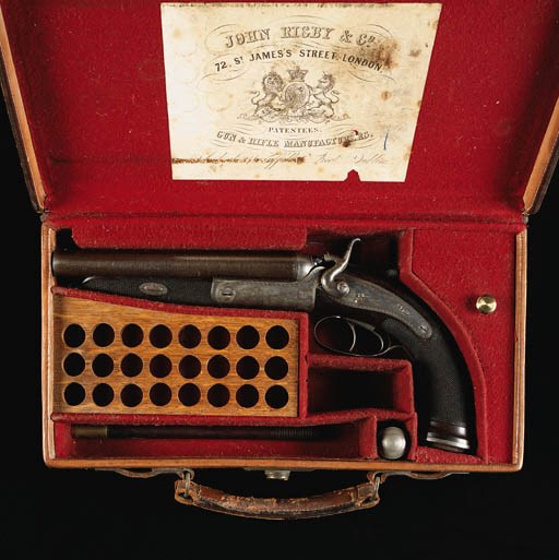 A FINE 20-BORE DOUBLE-BARRELLED HAMMER HOWDAH PISTOL BY J. RIGBY