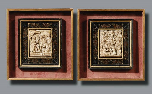 A PAIR OF PARCEL-GILT CARVED ALABASTER RELIEFS OF THE LAST JUDGEMENT AND THE JUDGEMENT OF SOLOMON