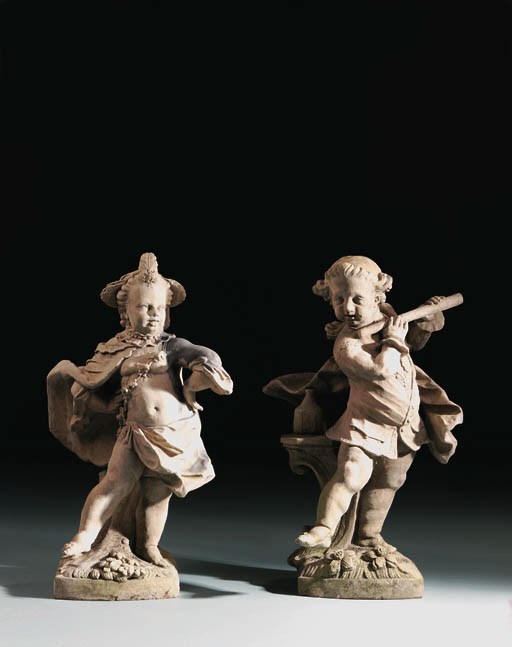 A SET OF FOUR COMPOSITION STONE FIGURES OF COURTLY CHILDREN