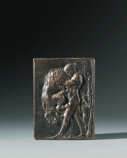 A BRONZE PLAQUETTE OF HERCULES AND THE NEMEAN LION