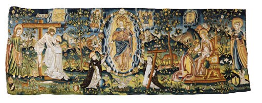 A RECTANGULAR WOOL, LINEN AND GOLD THREAD TAPESTRY